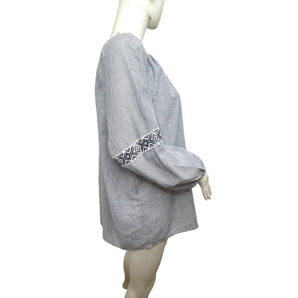 Westport Blouse 1X Blue White Peasant Boho Long Sleeve Embroidery Geometric - Picture 2 of 13
